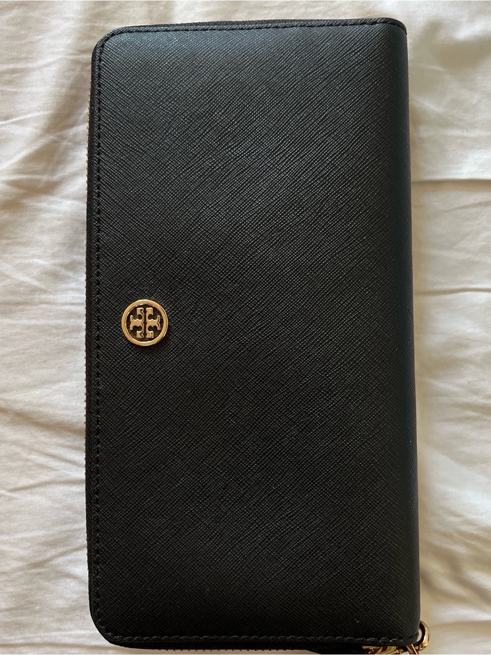 Tory Burch Black Saffiano Zip-Around Wallet with Gold Logo